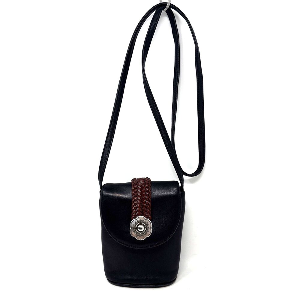 Brighton One World Leather Crossbody Purse Black Silver Concho Brown Braided